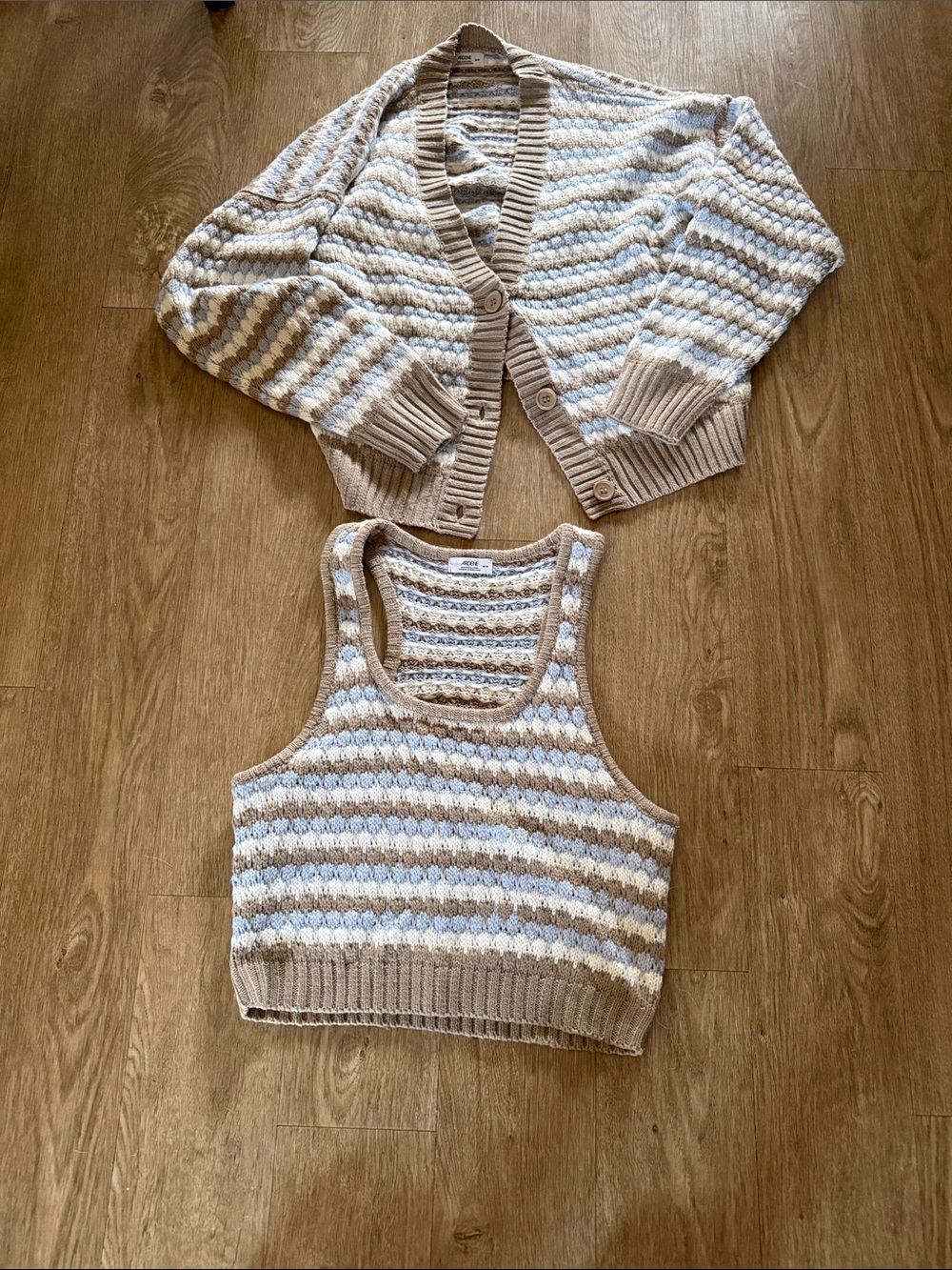 Ardene Striped Knit Cardigan & Tank Set — Beige, Cream, Light Blue